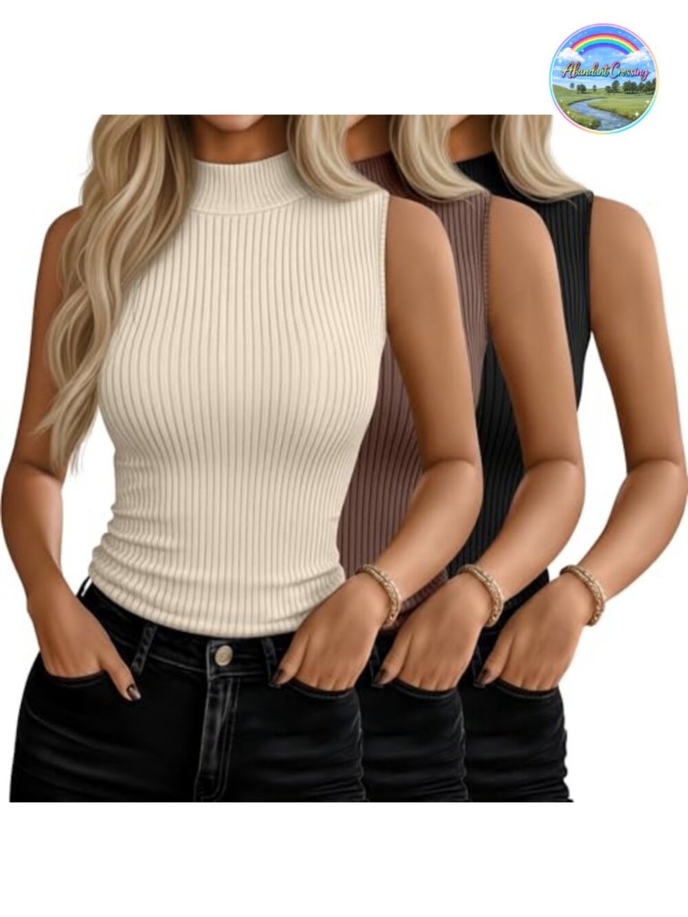 3 Pack Womens Sleeveless Mock Turtleneck Tank Tops 92% Rayon 8% Spandex Stretch